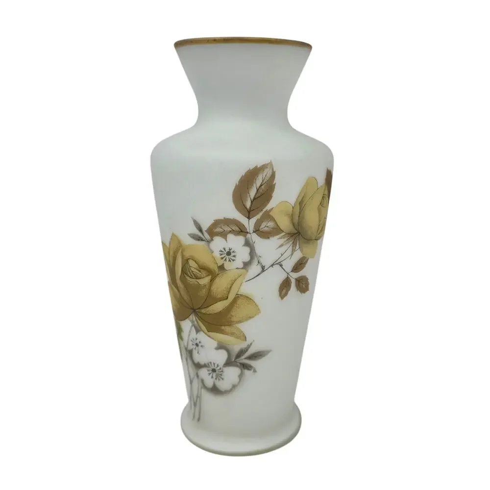 Vintage Japanese Frosted Glass Gold Rose Vase MCM Floral Decor